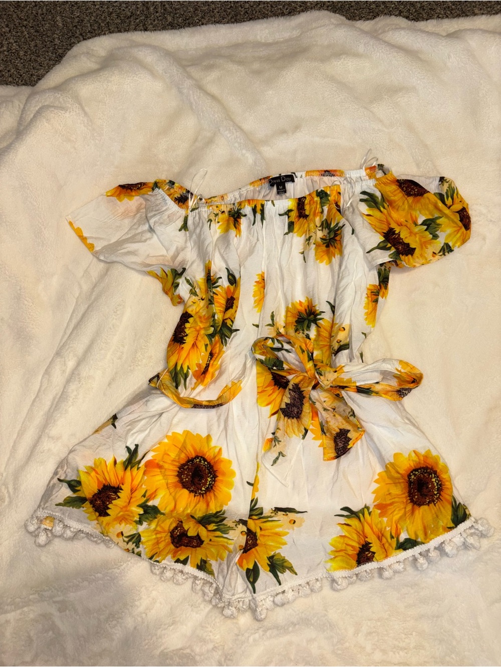 Sunflower Off-Shoulder Romper - Yellow on White